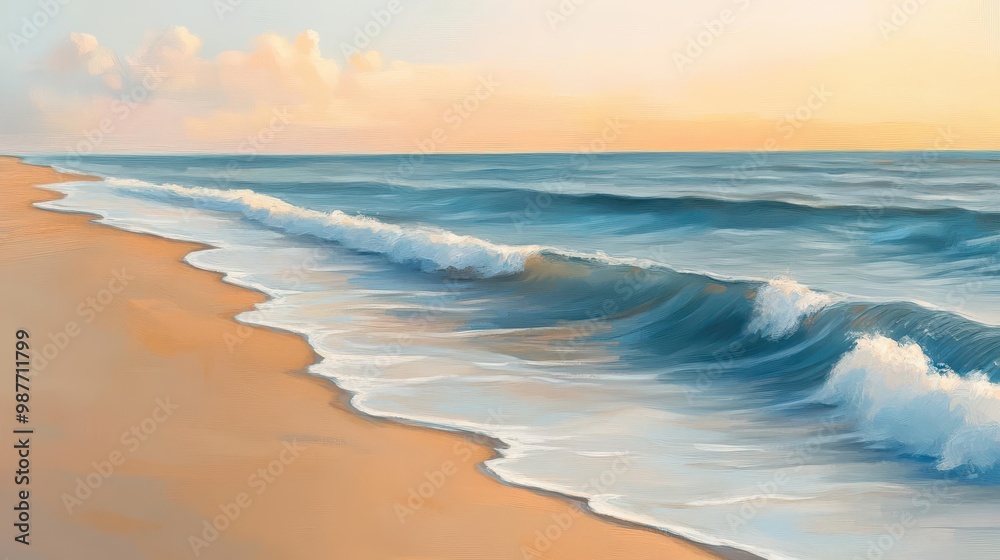 Rolling tide flowing gently up the beach, capturing movement, soft blues and golden tones, realism, digital painting Rolling tide flowing gently up the beach, capturing movement, soft blues and golden tones, realism, digital painting