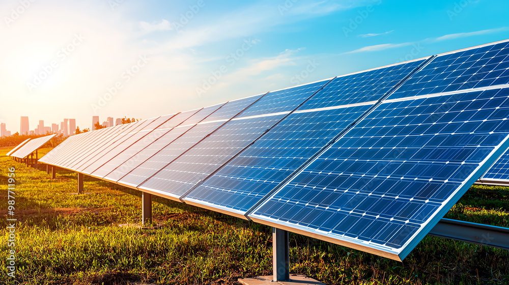 Solar panels in a field during sunset with city skyline. Solar panels in a field during sunset with city skyline.