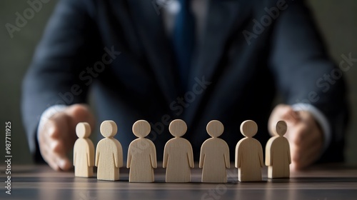 Wooden Figures in Front of a Businessman's Hands. Business, management, leadership concept. photo