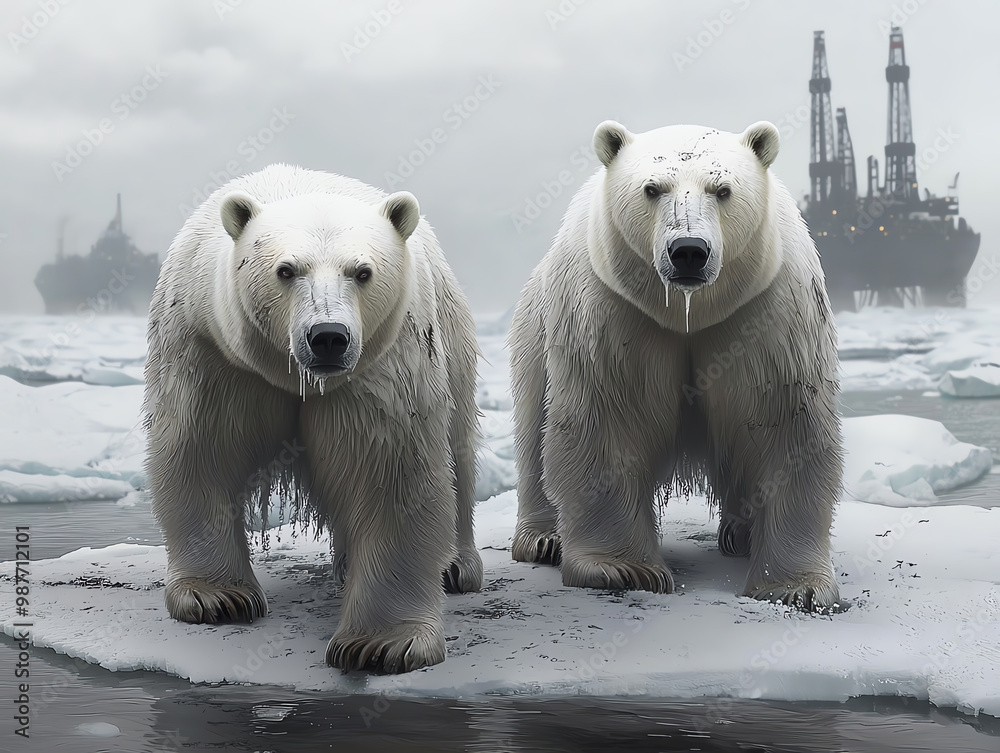Two polar bears on an ice floe in a cold environment. Two polar bears on an ice floe in a cold environment.