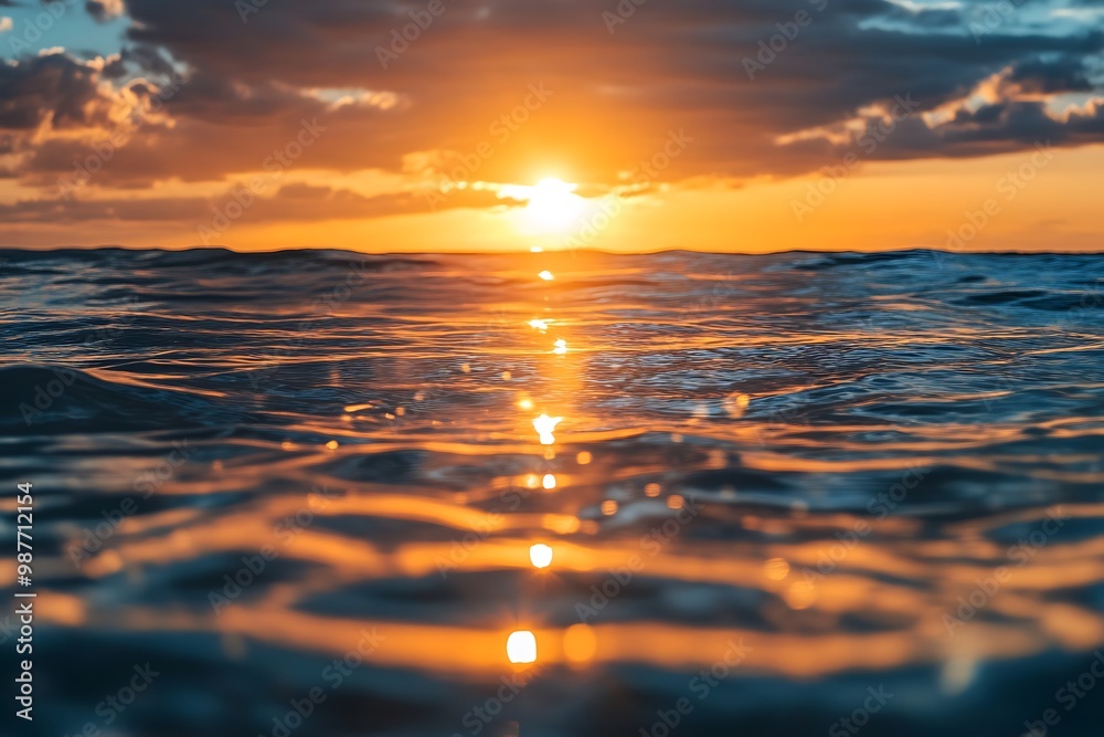 Sunset over the ocean with golden light reflecting on water. Tranquil and calming nature scene Sunset over the ocean with golden light reflecting on water. Tranquil and calming nature scene