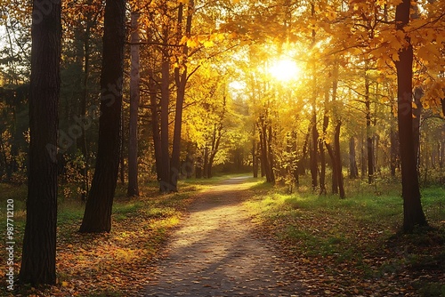 Sun shining through trees in an autumn forest with path