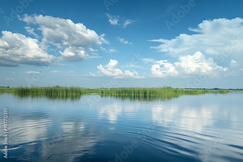 Calm blue lake with white clouds and green reeds reflecting on the water surface.