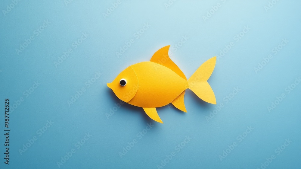 Yellow fish paper cut on blue background fun aquatic-themed design ideal for children's books or ocean-themed posters Yellow fish paper cut on blue background fun aquatic-themed design ideal for children's books or ocean-themed posters