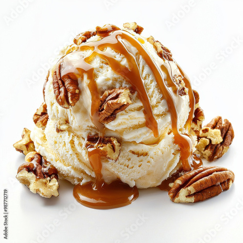 A mouth-watering dessert of creamy vanilla ice cream topped with rich caramel sauce and crunchy pecans, elegantly presented on a clean white background, enticing any dessert lover.