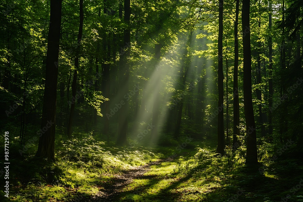 Fototapeta premium Sunbeams through the Trees in a Lush Green Forest