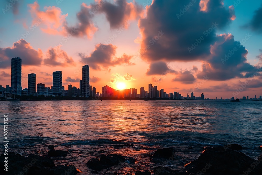 Dramatic sunset cityscape with skyscrapers silhouetted against colorful sky and ocean Dramatic sunset cityscape with skyscrapers silhouetted against colorful sky and ocean