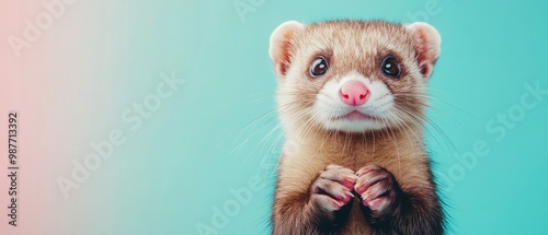 Cute ferret looking at the camera with paws in front of him.