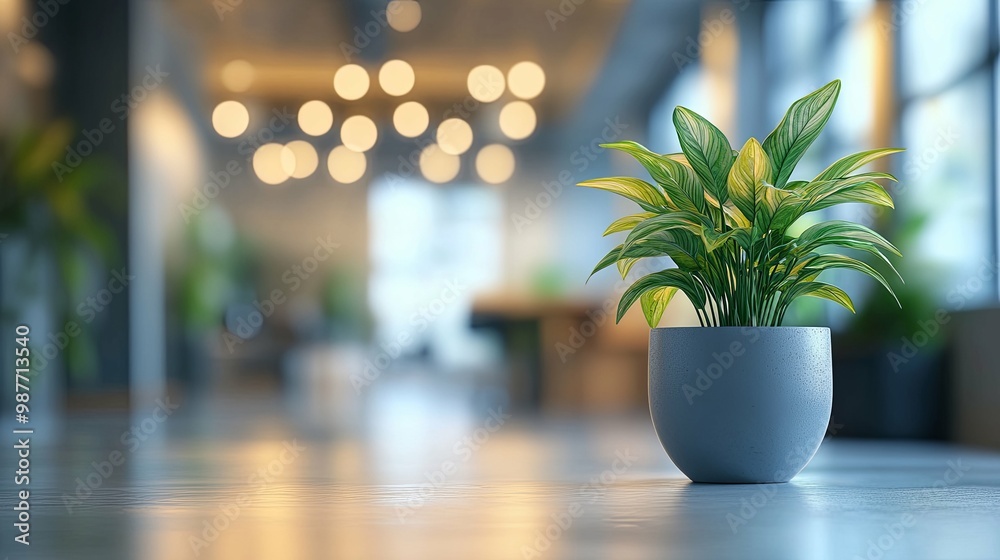 A potted plant with green and yellow leaves in a modern office setting.
