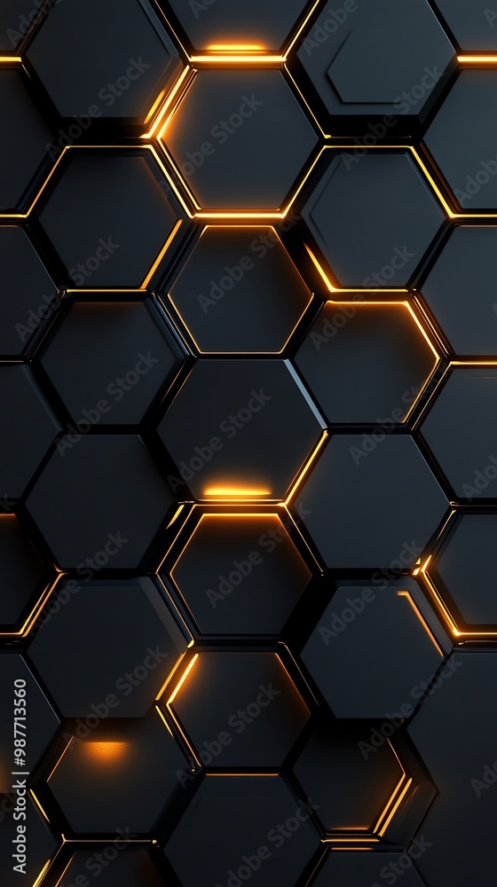 A modern geometric pattern featuring black hexagons with glowing orange accents, ideal for tech and design backgrounds. A modern geometric pattern featuring black hexagons with glowing orange accents, ideal for tech and design backgrounds.