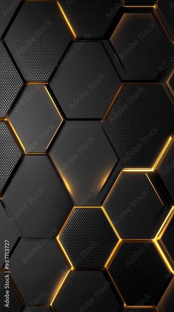 A stunning hexagonal pattern with a sleek black background and glowing golden accents, perfect for modern design projects. A stunning hexagonal pattern with a sleek black background and glowing golden accents, perfect for modern design projects.