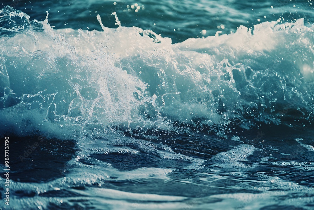 Obraz premium Close up of ocean wave breaking with foam and spray