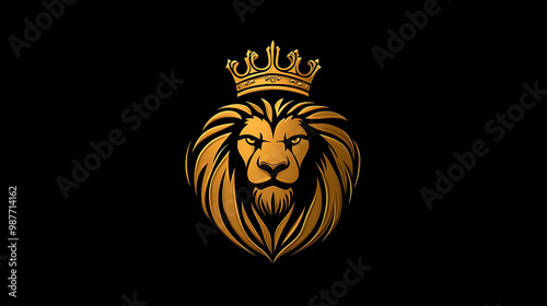 A lion with a crown on his head. The image is rendered in gold and black. photo