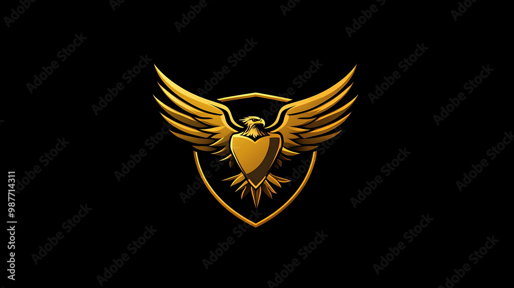 Obraz premium Golden eagle logo with wings spread and shield.