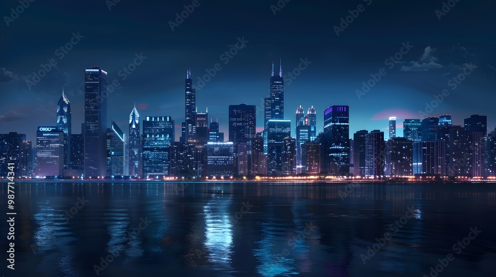 Nighttime Skyline of a City with Illuminated Buildings Reflected in the Water Nighttime Skyline of a City with Illuminated Buildings Reflected in the Water