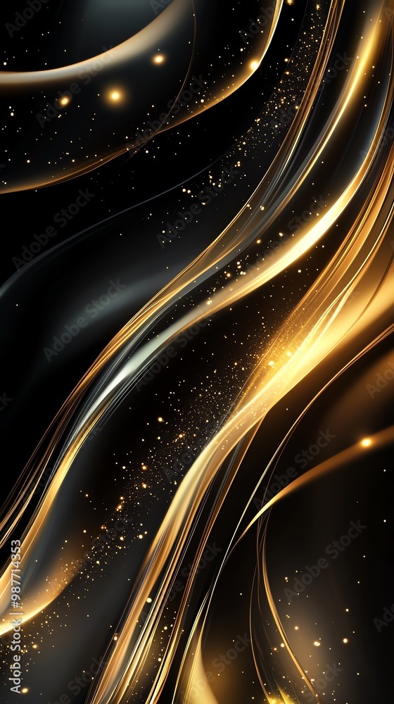 Fototapeta premium Elegant abstract background with flowing gold lines and shimmering particles on a dark backdrop. Perfect for luxury themes.