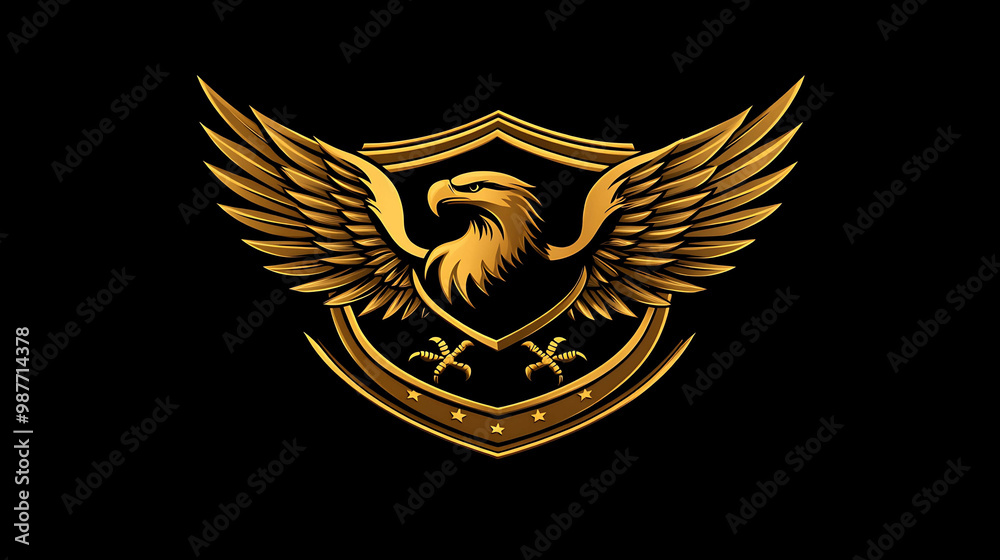 A golden eagle with wings spread wide, perched atop a shield with stars and talons. A golden eagle with wings spread wide, perched atop a shield with stars and talons.