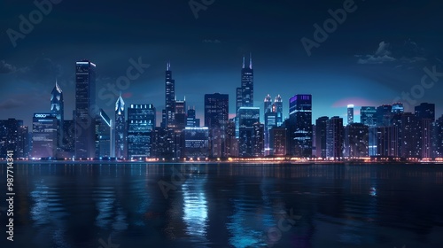 Nighttime Skyline of a City with Illuminated Buildings Reflected in the Water