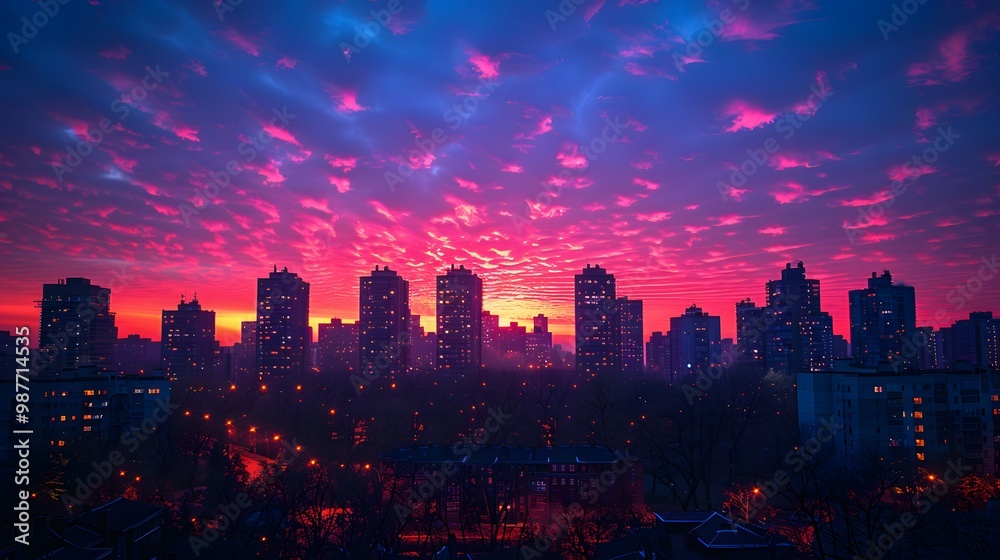 City Skyline Silhouetted Against a Vivid Pink and Blue Sunset Sky City Skyline Silhouetted Against a Vivid Pink and Blue Sunset Sky