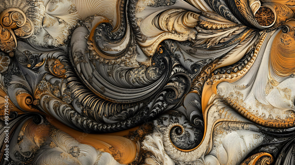 Abstract art with swirls and curves in black, white, gold, and brown. Abstract art with swirls and curves in black, white, gold, and brown.