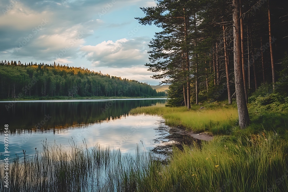 Obraz premium Peaceful Sunset over a Forest Lake with Tall Pine Trees