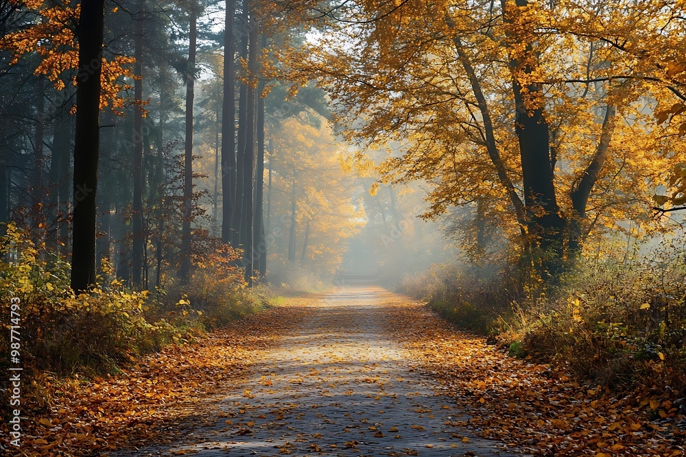 Sunbeams shine through trees in autumn forest, fall foliage, pathway Sunbeams shine through trees in autumn forest, fall foliage, pathway