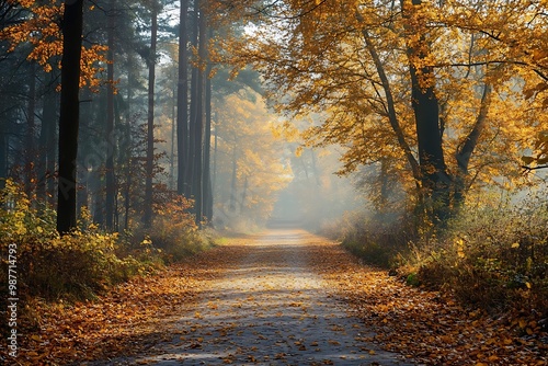 Sunbeams shine through trees in autumn forest, fall foliage, pathway