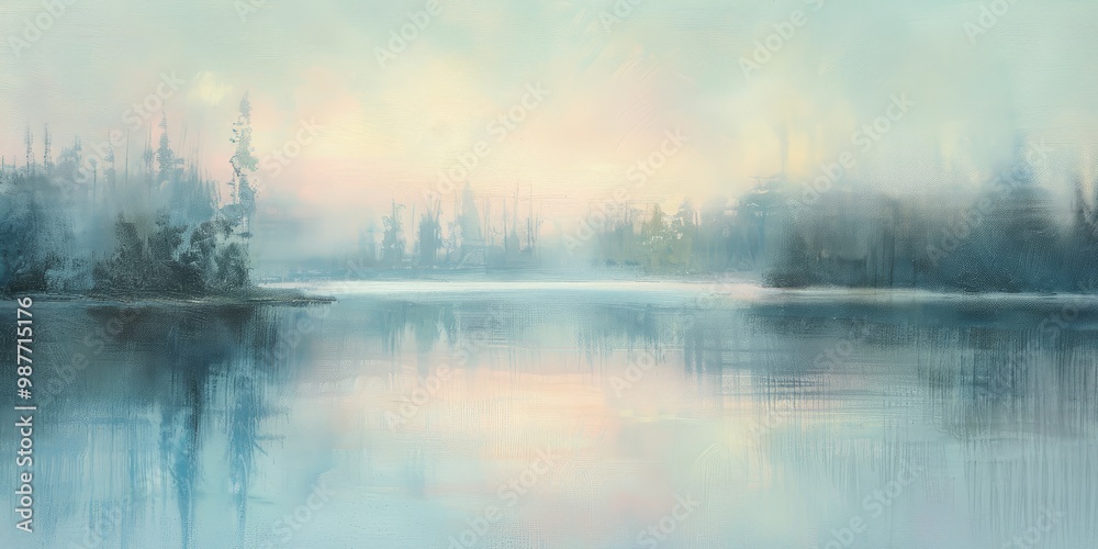 Fototapeta premium A serene landscape depicting a misty lake surrounded by trees at dawn.