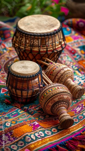 banner background of Navratri Day a detailed view of traditional musical instruments like dhol and nagada beautifully arranged against a vibrant backdrop of ethnic textiles,  photo