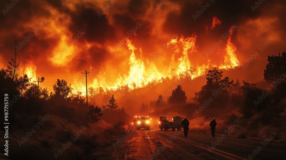 Obraz premium Firefighters Facing a Wall of Flames