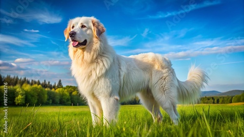 Majestic Tornjak Dog Standing Proudly in a Lush Green Field Under a Clear Blue Sky photo