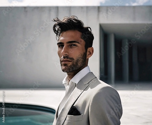 Confident and Stylish: A handsome man in a tailored suit exudes confidence and sophistication against a modern architectural backdrop, capturing the essence of contemporary masculinity and urban elega photo