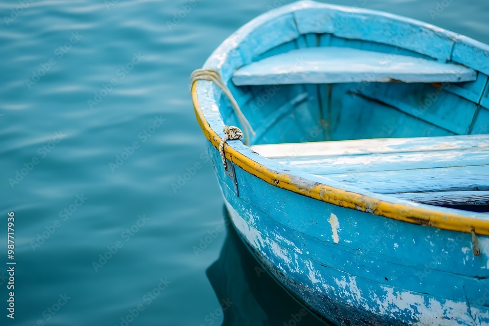 Small blue wooden rowboat floating on calm water Small blue wooden rowboat floating on calm water
