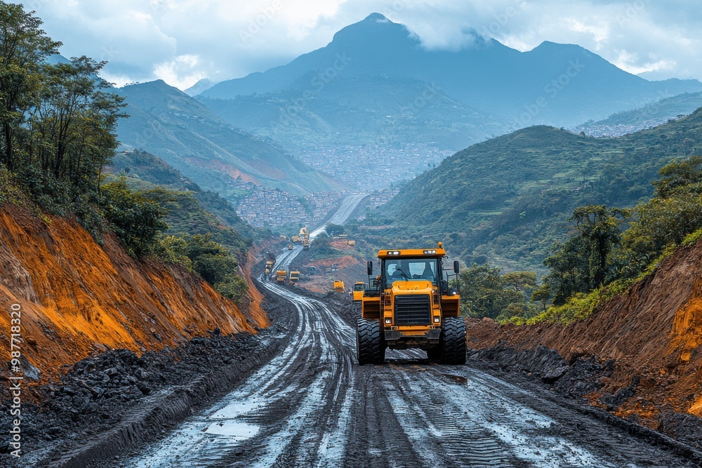 Construction Vehicles Ascending a Mountainous Road Construction Vehicles Ascending a Mountainous Road