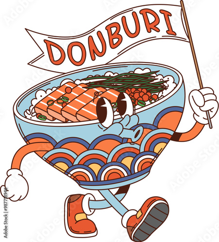 Cartoon groovy tekkadon donburi character cheerfully waving a flag. Vector Japanese retro food personage shown as sushi rice bowl topped with slices of fresh tuna, joyfully walking with playful vibes