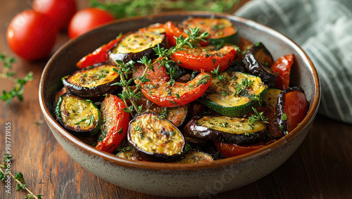 A colorful bowl of roasted zucchini, eggplant, and tomatoes, garnished with fresh thyme, is presented on a rustic wooden table, emphasizing the richness and wholesomeness of the dish.