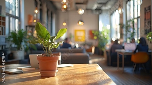 A potted plant on a wooden table in a cafe with blurred background