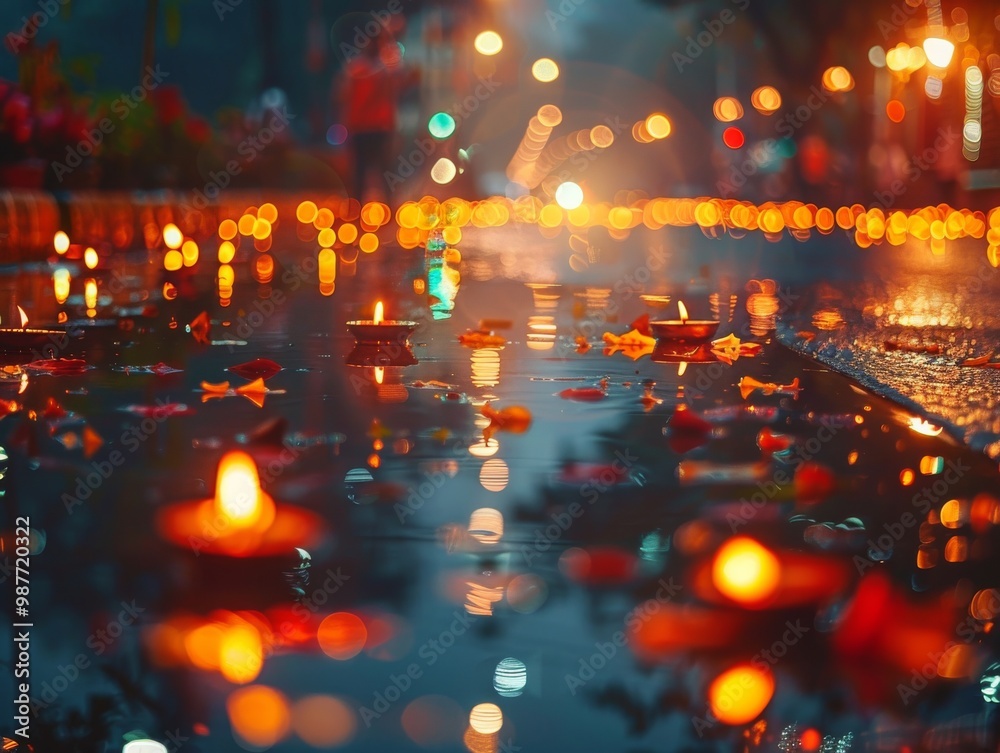 banner background of Navratri Day, [A mesmerizing portrayal of lights adorning the streets, with reflections in puddles creating a magical ambiance during the festival nights] 