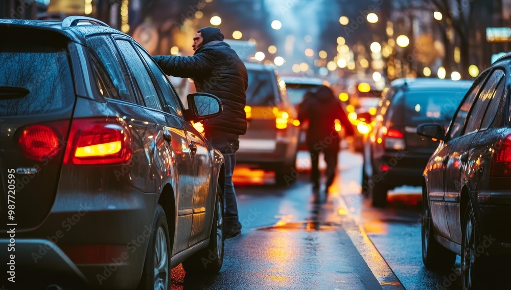 Man getting into car in a city at night. Man getting into car in a city at night.
