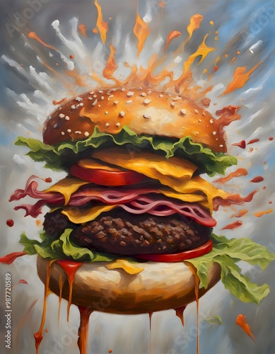 Vibrant and artistic depiction of a cheeseburger with lettuce, tomato, and a juicy patty, with exploding splashes of condiments and ingredients around it, Generative AI.
