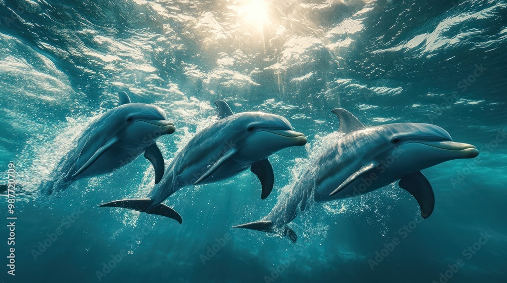 Fototapeta premium Three Dolphins Swimming Gracefully Underwater with Sunlight Rays Penetrating the Ocean Surface