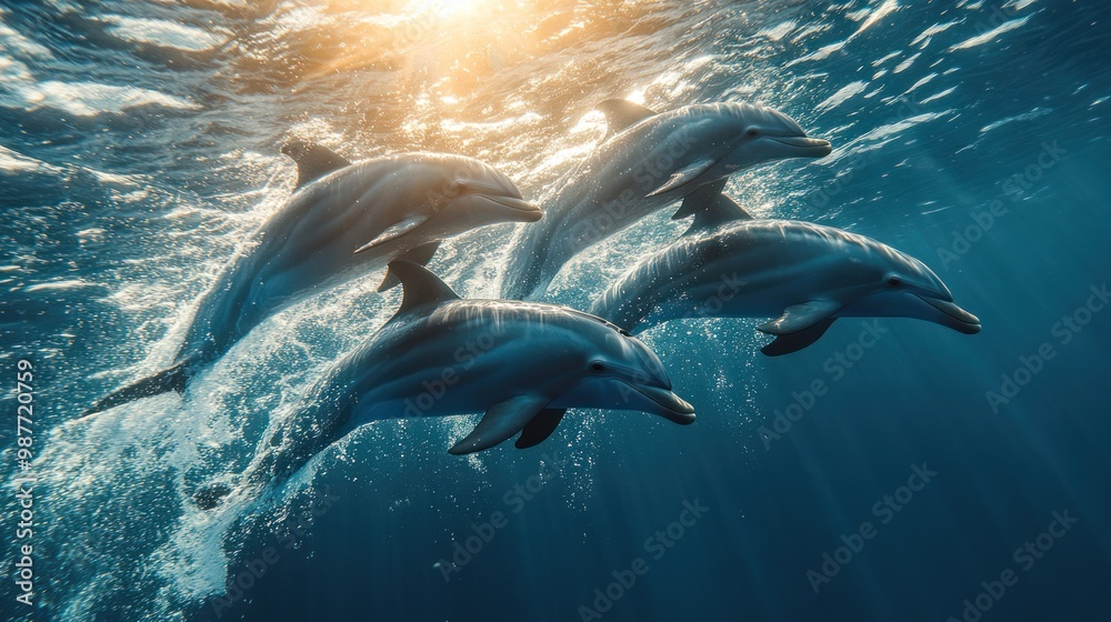 Fototapeta premium Four Dolphins Swimming Gracefully Underwater with Sunlight, Ocean Scene Captured from a Side View