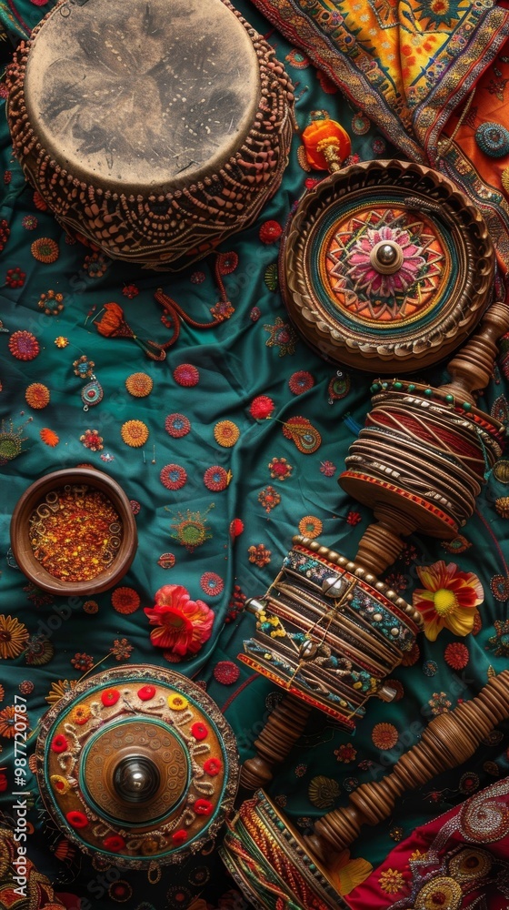 banner background of Navratri Day, a detailed view of traditional musical instruments like dhol and nagada beautifully arranged against a vibrant backdrop of ethnic textile banner background of Navratri Day, a detailed view of traditional musical instruments like dhol and nagada beautifully arranged against a vibrant backdrop of ethnic textile