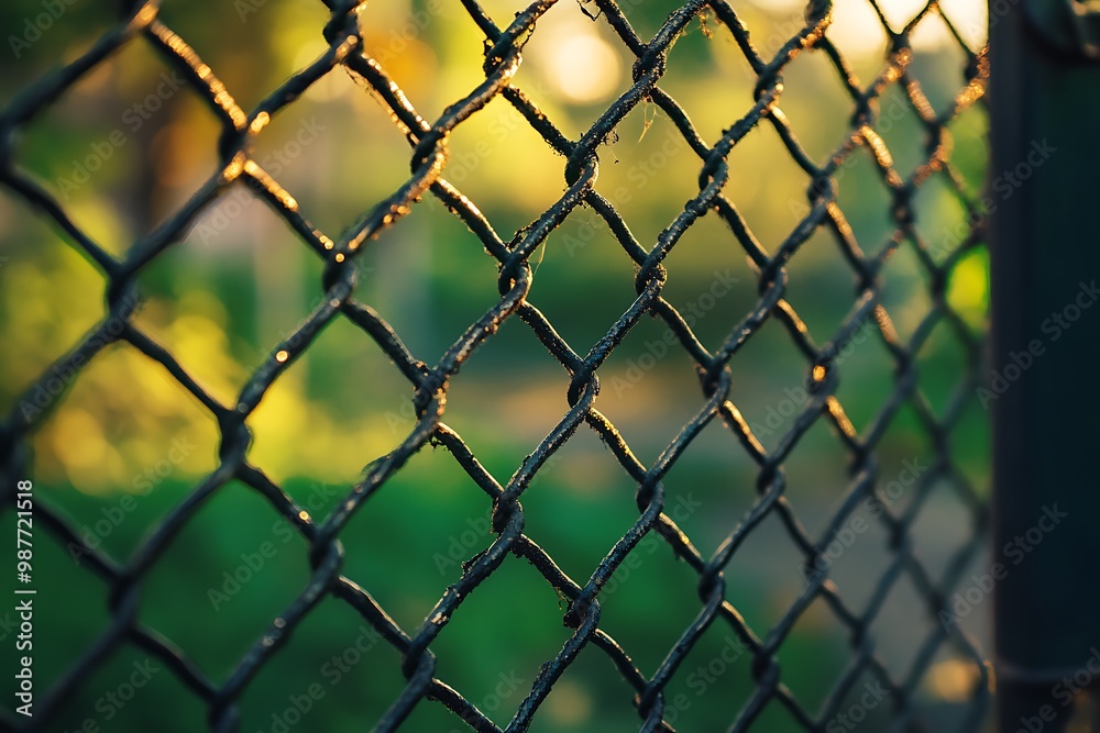 Fototapeta premium Close up of a chain link fence with sunlight shining through the gaps
