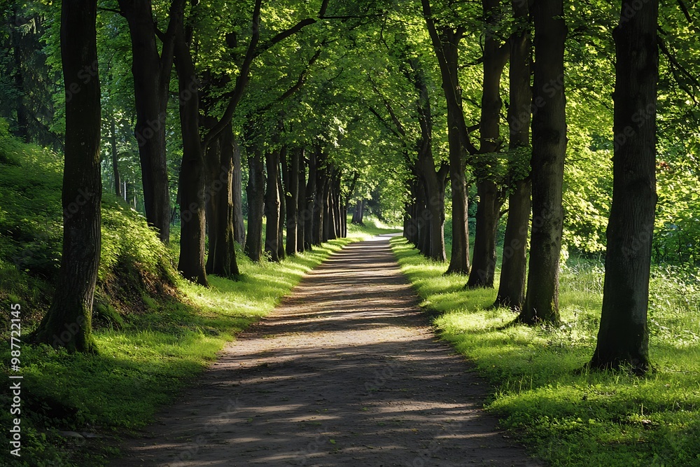 Sunlit path through a forest of tall green trees Sunlit path through a forest of tall green trees