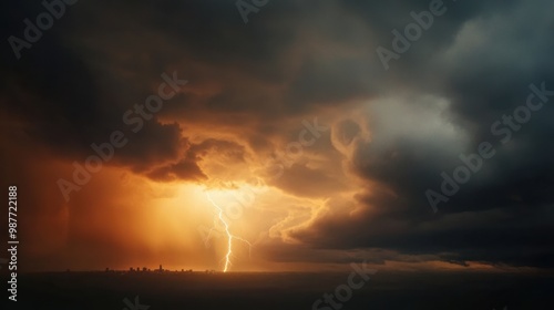 A dramatic storm scene with dark clouds illuminated by a striking bolt of lightning against a fiery sky.