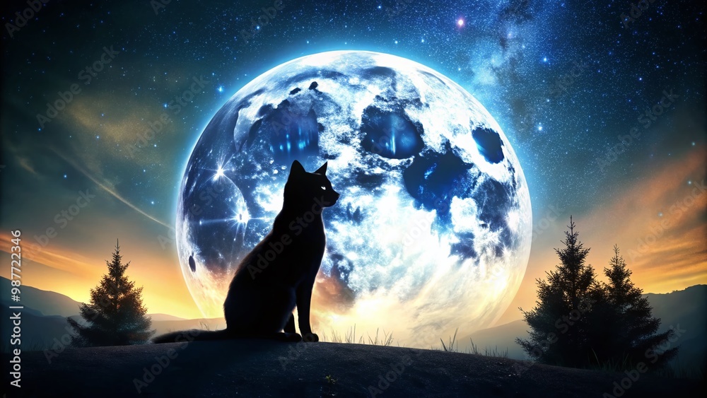 Mystical Black Cat Silhouette Against a Full Moon - Enchanting Night Sky Wallpaper Background Mystical Black Cat Silhouette Against a Full Moon - Enchanting Night Sky Wallpaper Background