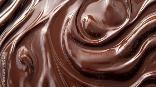 Rich, melted chocolate with a glossy texture swirls elegantly, showcasing its smooth, indulgent quality.