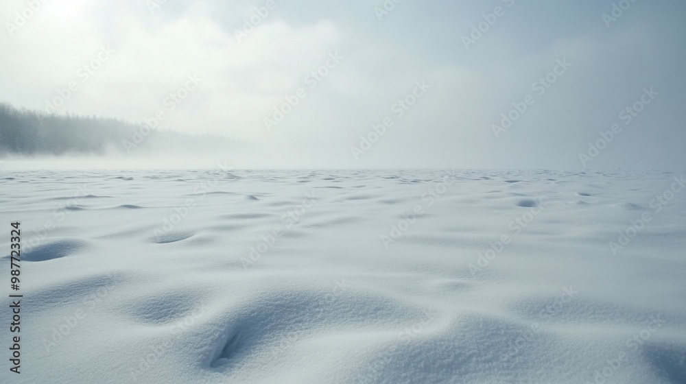 A serene winter landscape of untouched snow under a cloudy sky, evoking tranquility and the beauty of a snowy expanse.