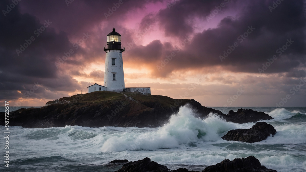 A mesmerizing lighthouse stands tall on a cliff, waves crashing below at a stunning sunset landscape. A mesmerizing lighthouse stands tall on a cliff, waves crashing below at a stunning sunset landscape.